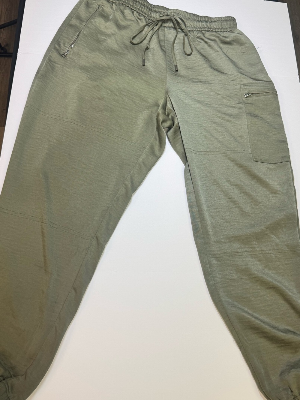 Jennifer Lopez Olive Green Satin Drawstring Cargo Joggers